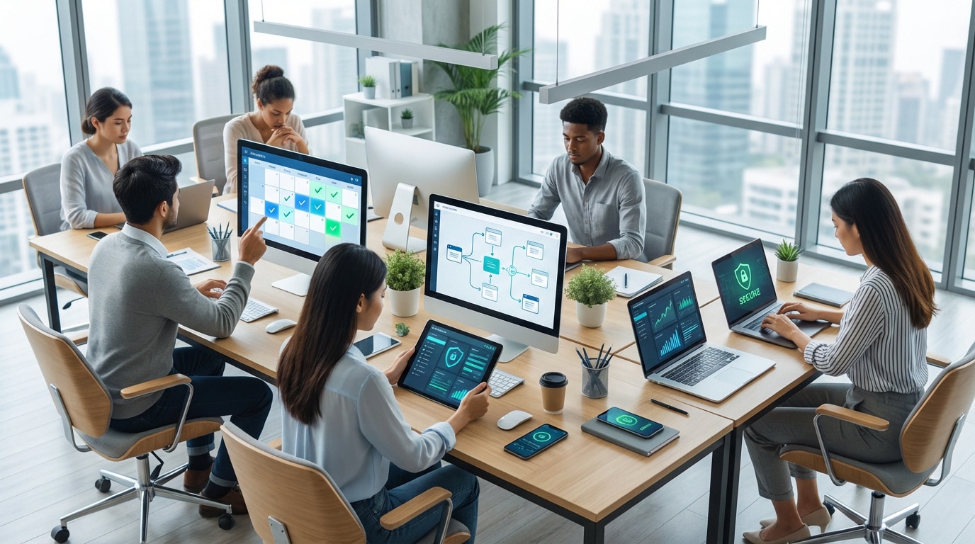 Équipe diversifiée gérant les accès numériques et la cybersécurité sur ordinateurs et tablettes dans un bureau moderne et lumineux.