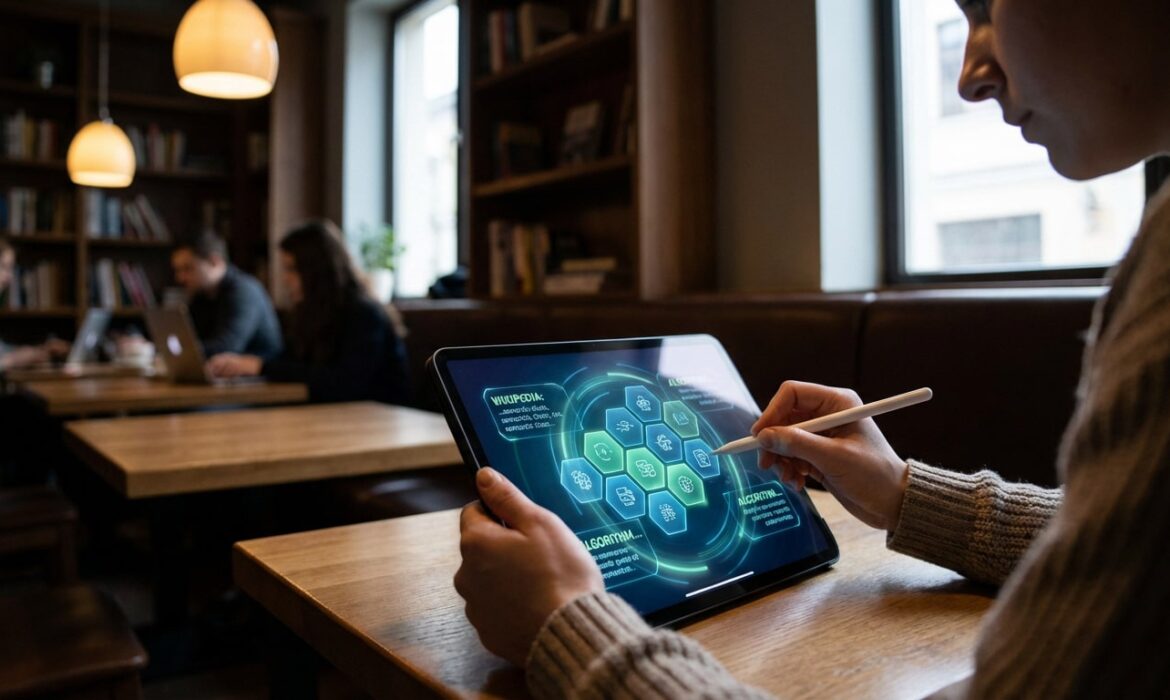 Gros plan sur une personne utilisant une tablette avec stylet, affichant un diagramme d'algorithme lié à Wikipédia dans un café.