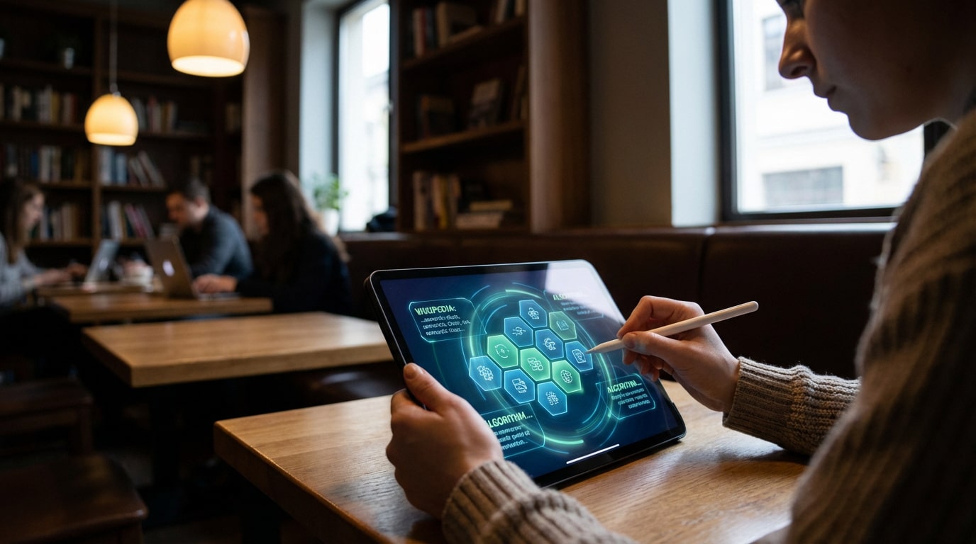 Gros plan sur une personne utilisant une tablette avec stylet, affichant un diagramme d'algorithme lié à Wikipédia dans un café.
