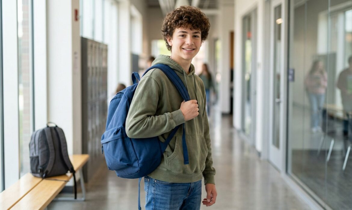 Jeune garçon souriant aux cheveux bouclés, portant un sac à dos bleu foncé sur l'épaule, dans un couloir de collège moderne avec casiers.