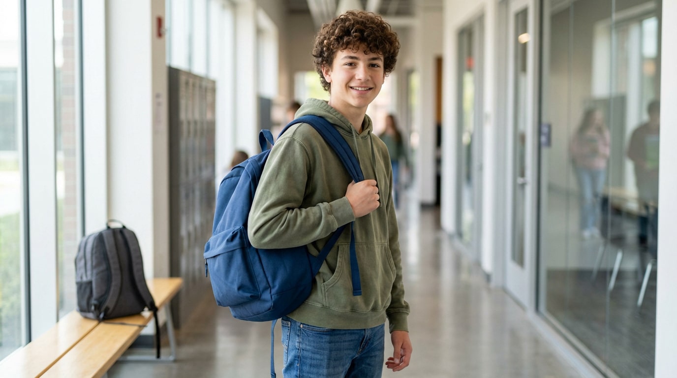 Jeune garçon souriant aux cheveux bouclés, portant un sac à dos bleu foncé sur l'épaule, dans un couloir de collège moderne avec casiers.
