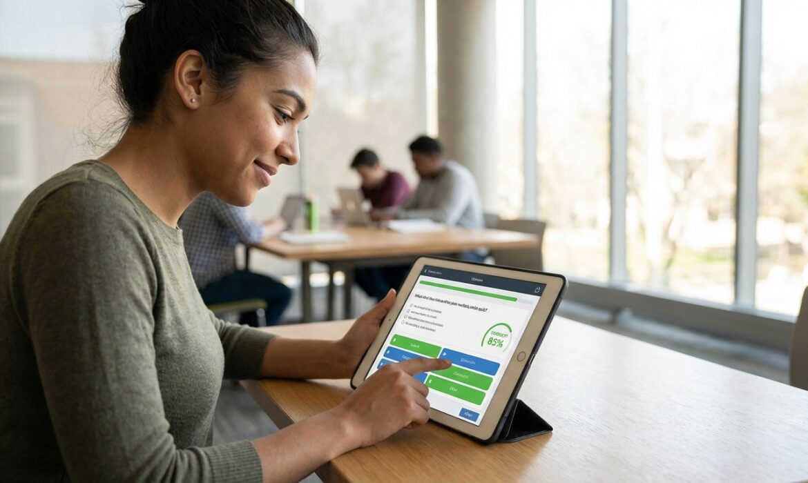 Jeune femme souriante utilisant une tablette pour un quiz Socrative, affichant un score de 85%, dans une salle d'étude lumineuse.