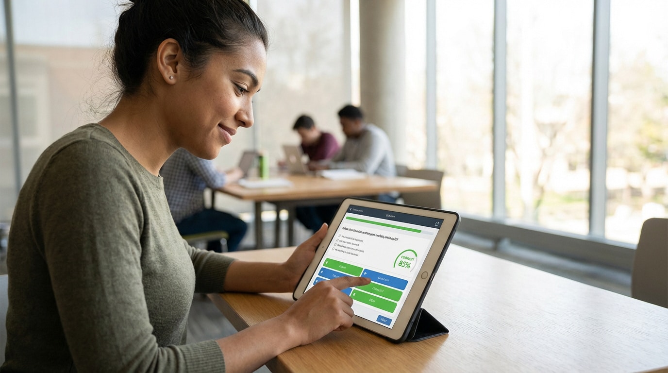 Jeune femme souriante utilisant une tablette pour un quiz Socrative, affichant un score de 85%, dans une salle d'étude lumineuse.