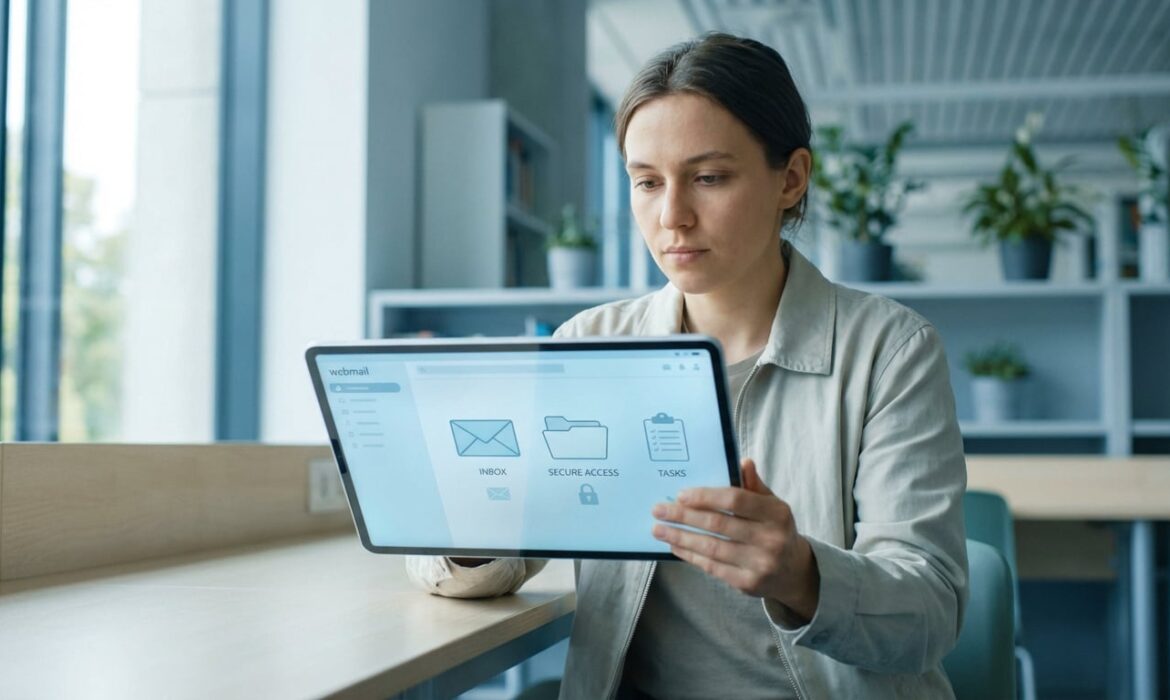 Femme utilise une tablette affichant une interface webmail avec des icônes pour boîte de réception, accès sécurisé et tâches.