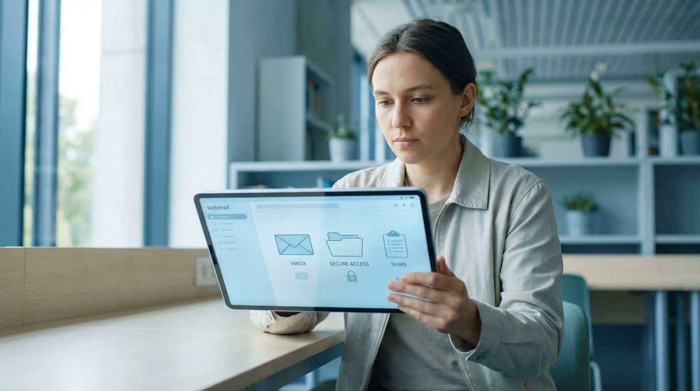 Femme utilise une tablette affichant une interface webmail avec des icônes pour boîte de réception, accès sécurisé et tâches.
