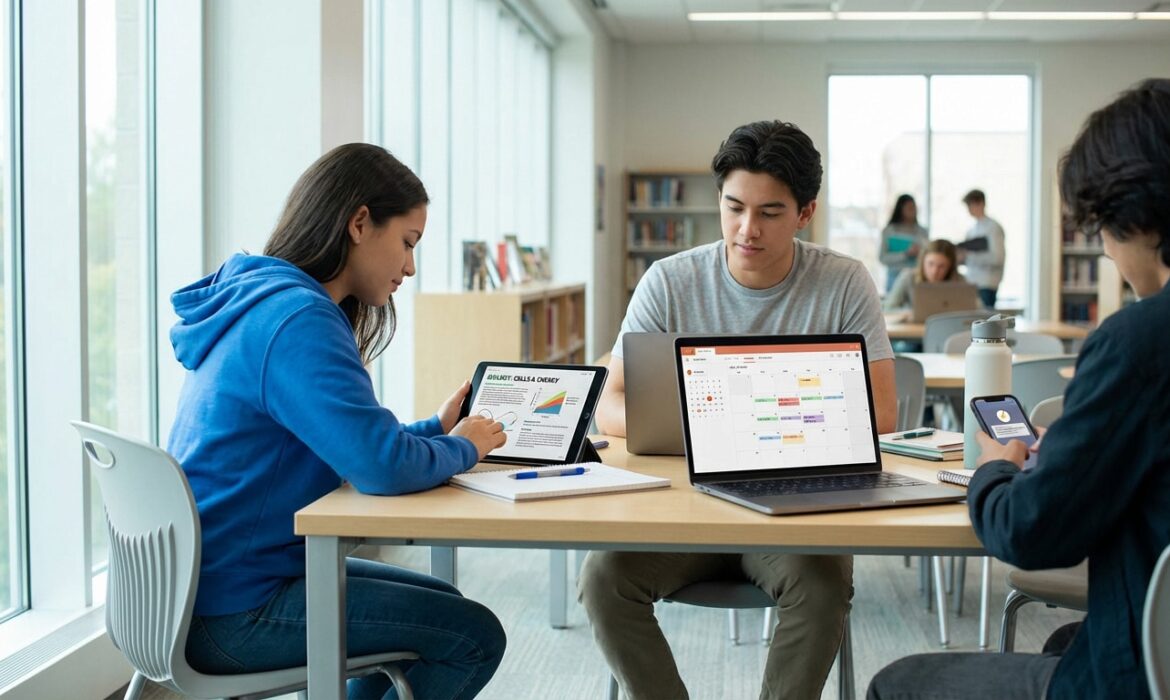 Trois lycéens travaillent sur des appareils numériques (tablette, ordinateur portable, smartphone) dans un espace d'étude moderne.