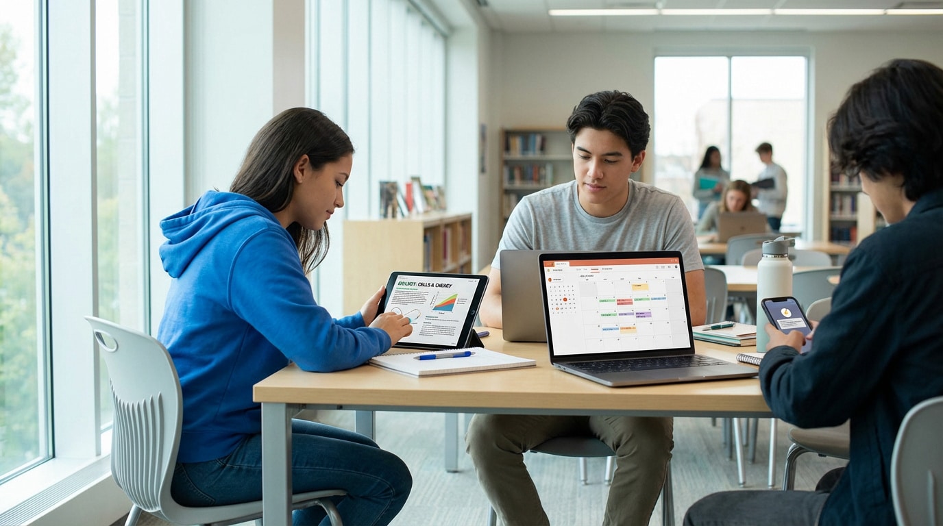 Trois lycéens travaillent sur des appareils numériques (tablette, ordinateur portable, smartphone) dans un espace d'étude moderne.