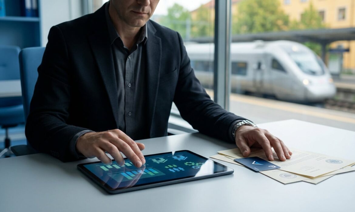 Homme en costume utilise une tablette affichant des données. Des documents et une carte sont sur le bureau. Un train SNCF est visible en arrière-plan.