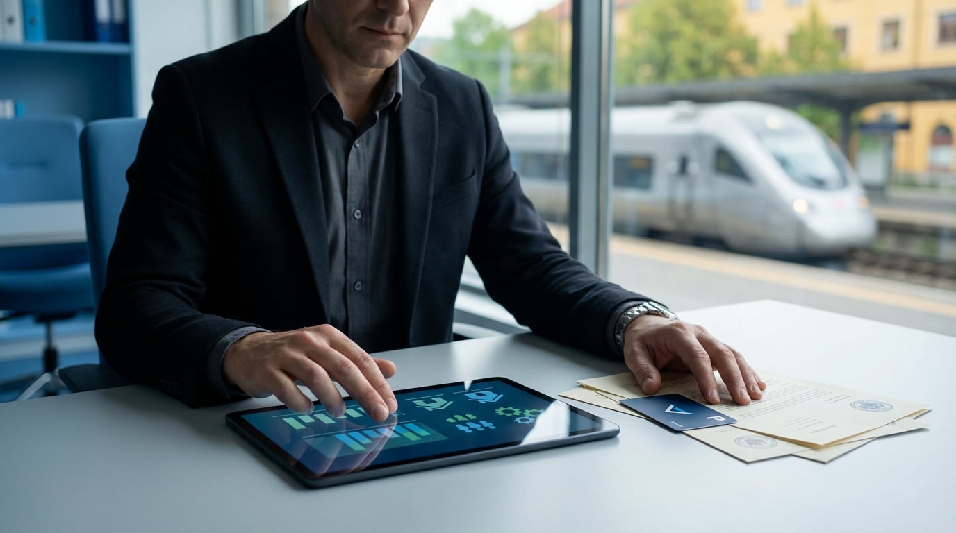 Homme en costume utilise une tablette affichant des données. Des documents et une carte sont sur le bureau. Un train SNCF est visible en arrière-plan.