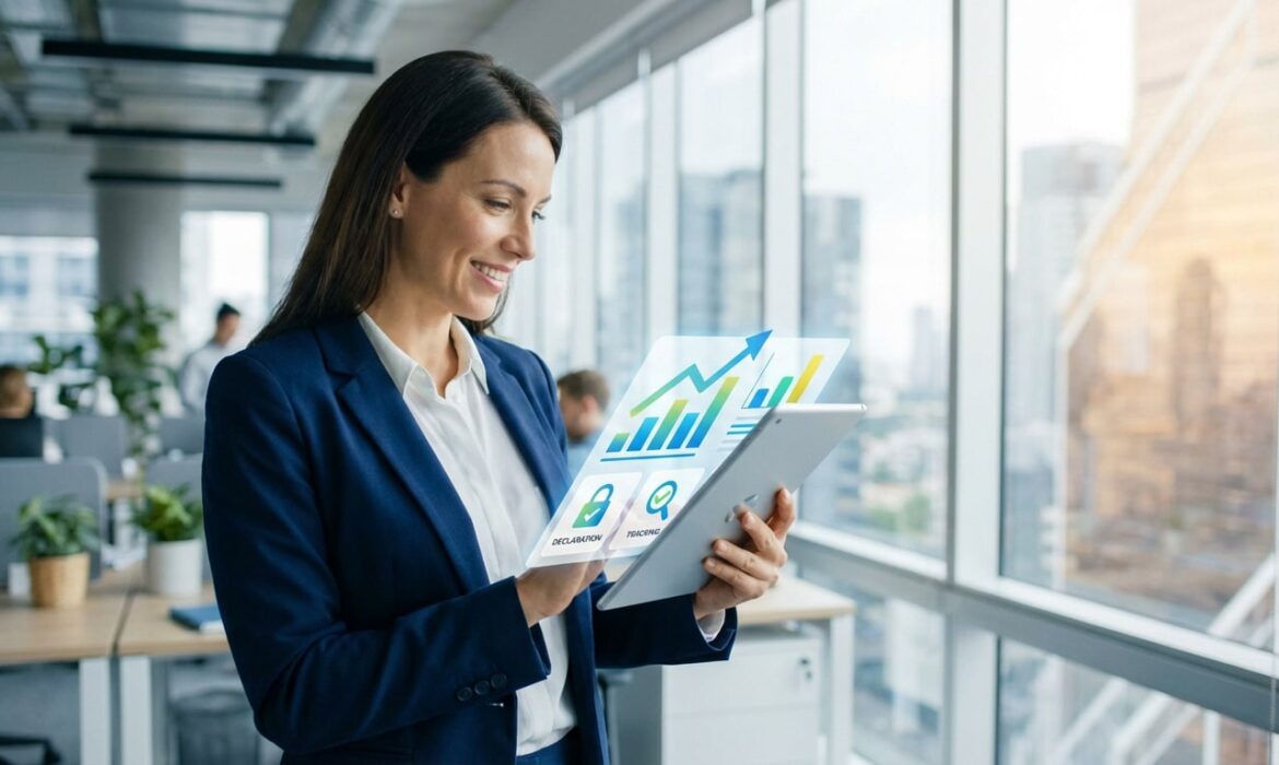 Femme souriante utilisant une tablette avec affichage holographique de graphiques, déclaration et suivi pour la gestion des aides.