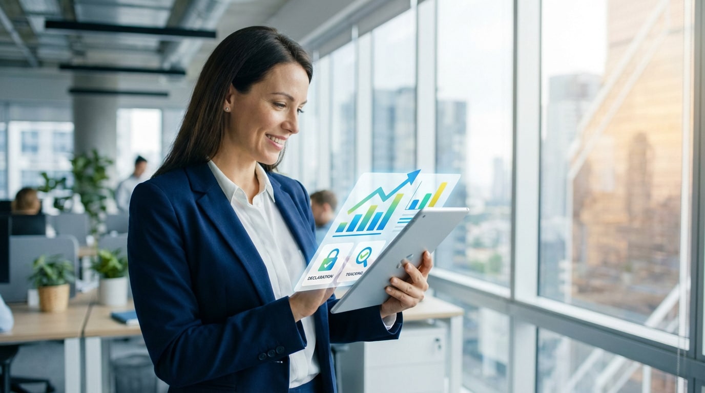 Femme souriante utilisant une tablette avec affichage holographique de graphiques, déclaration et suivi pour la gestion des aides.