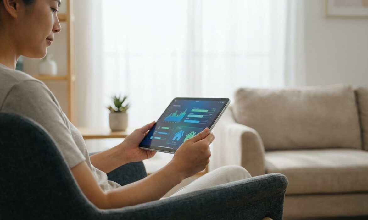 Femme gérant ses aides et dossiers Action Logement depuis une tablette, l'écran affichant des graphiques et icônes de maison.