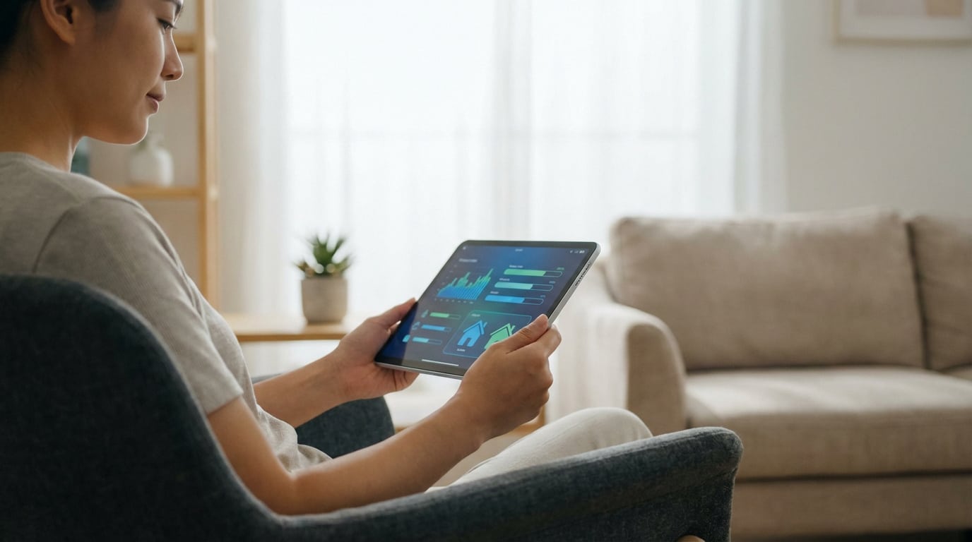 Femme gérant ses aides et dossiers Action Logement depuis une tablette, l'écran affichant des graphiques et icônes de maison.