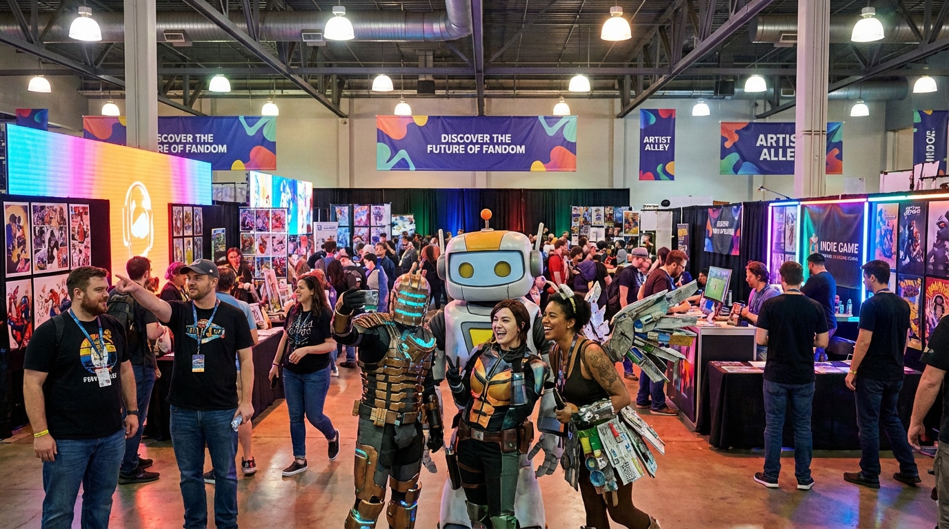 Scène animée d'une convention geek. Des cosplayers posent au premier plan, devant des stands d'artistes et de jeux vidéo.