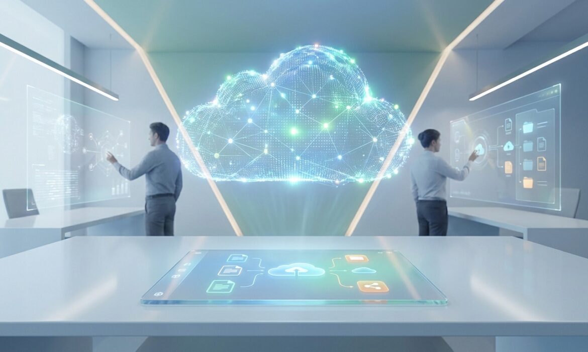 Deux hommes interagissent avec des interfaces holographiques dans un bureau moderne, symbolisant le cloud et le partage de données.