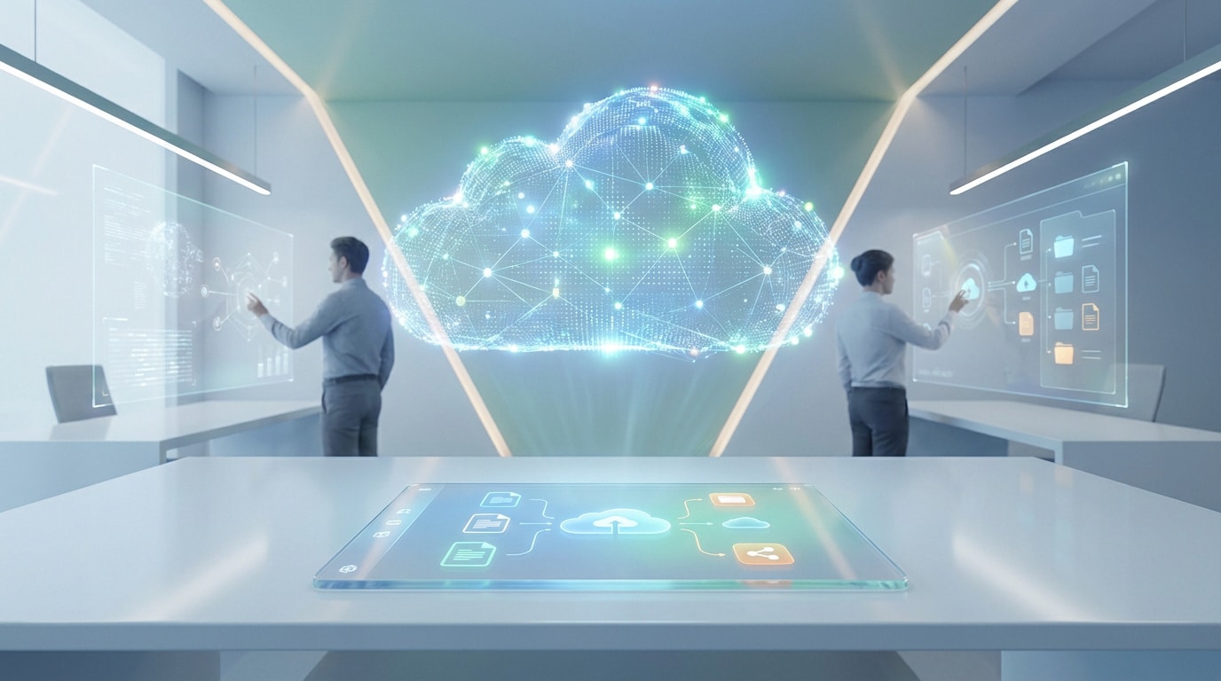 Deux hommes interagissent avec des interfaces holographiques dans un bureau moderne, symbolisant le cloud et le partage de données.