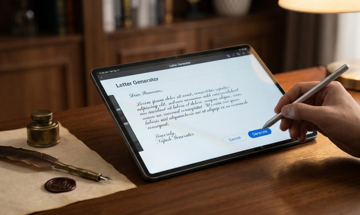 Main utilisant un stylet sur une tablette affichant un générateur de lettres, avec plume et encrier classiques.