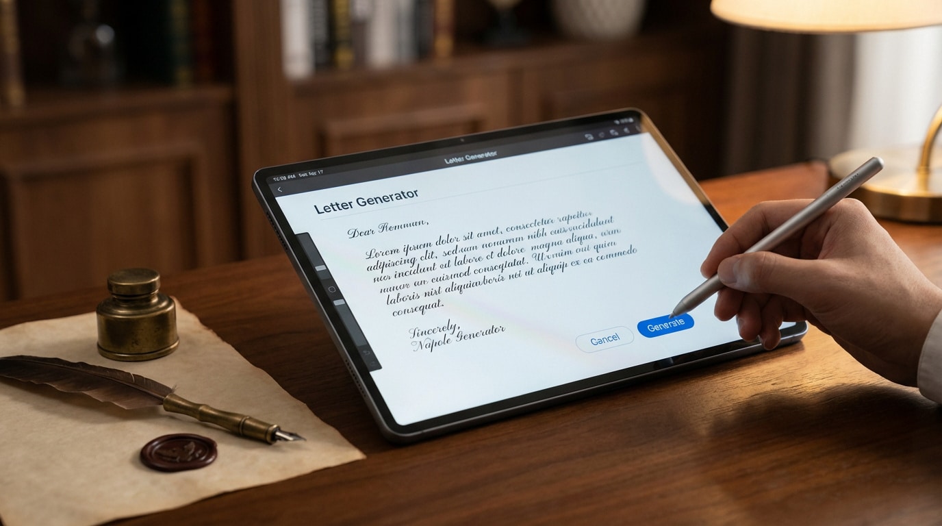 Main utilisant un stylet sur une tablette affichant un générateur de lettres, avec plume et encrier classiques.
