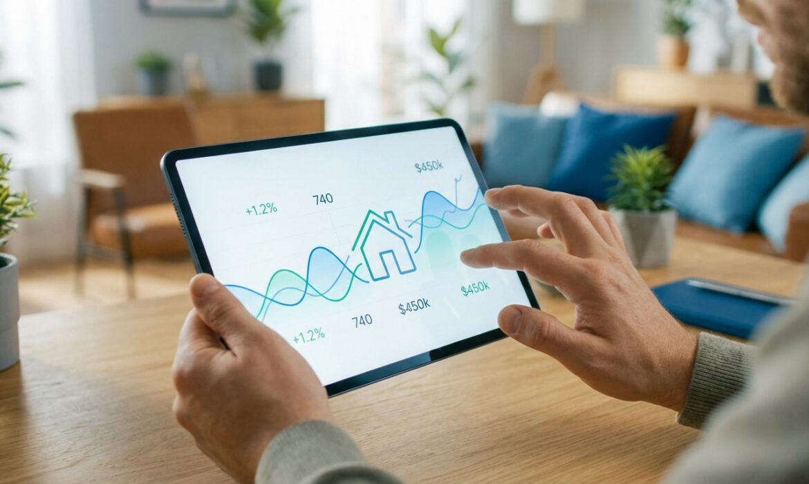 Un homme consulte des graphiques financiers et immobiliers sur une tablette, symbolisant la gestion de comptes et d'investissements.