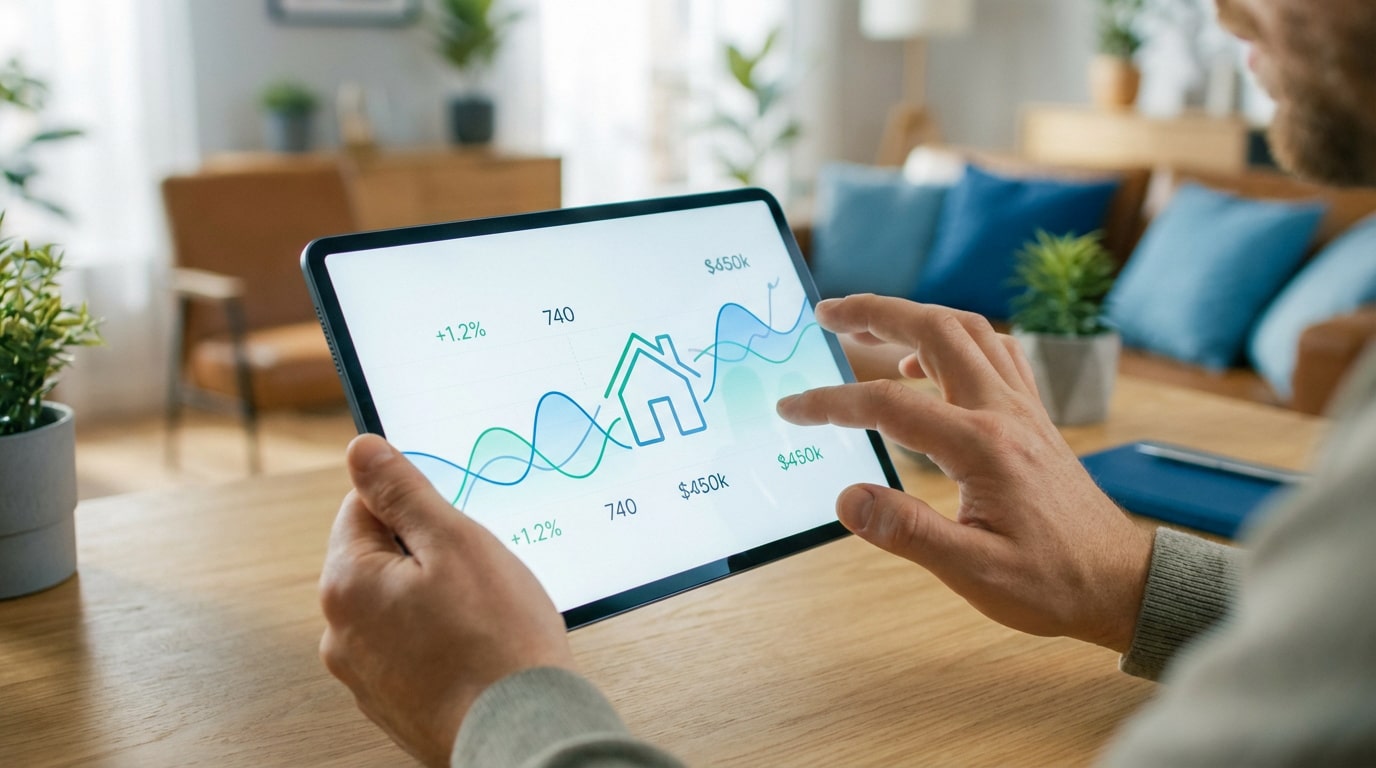 Un homme consulte des graphiques financiers et immobiliers sur une tablette, symbolisant la gestion de comptes et d'investissements.