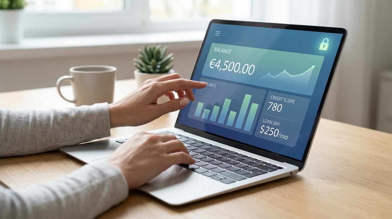Mains d'une personne interagissant avec un ordinateur portable affichant un tableau de bord financier sécurisé avec solde et scores.