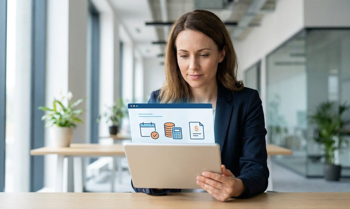 Femme d'affaires utilisant une tablette avec une interface logicielle RH affichant calendrier, finances et documents, dans un bureau lumineux.