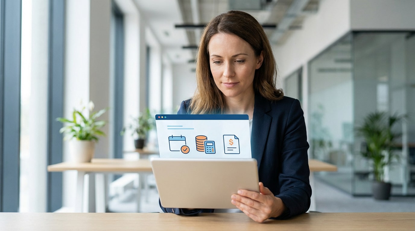 Femme d'affaires utilisant une tablette avec une interface logicielle RH affichant calendrier, finances et documents, dans un bureau lumineux.