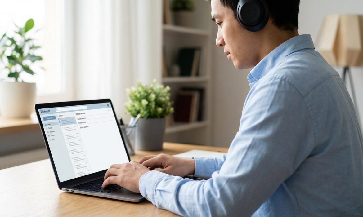 Jeune homme asiatique en casque, travaillant sur un ordinateur portable affichant une interface webmail, dans un bureau lumineux.