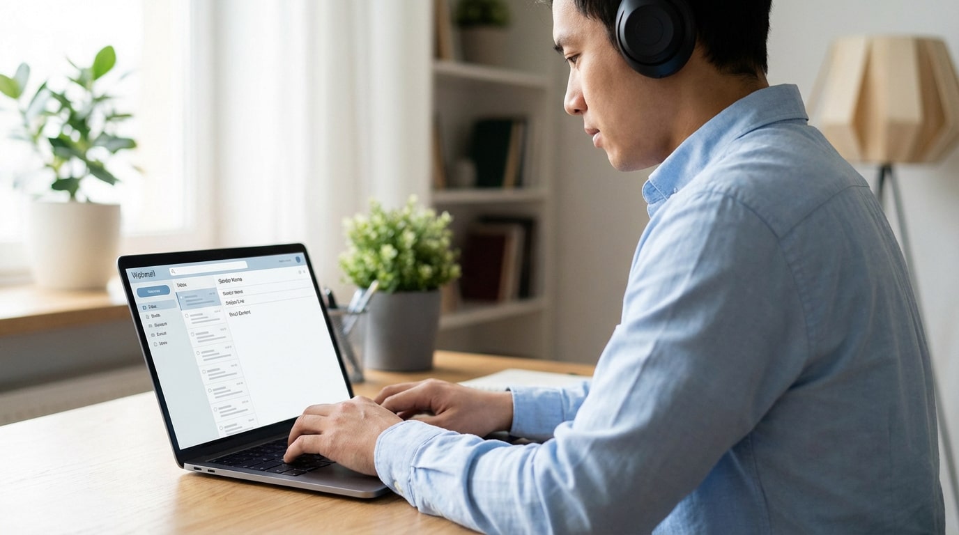 Jeune homme asiatique en casque, travaillant sur un ordinateur portable affichant une interface webmail, dans un bureau lumineux.