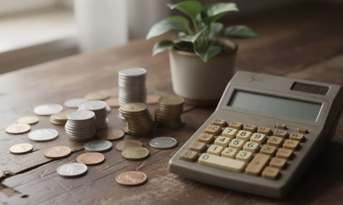 Calculatrice et piles de pièces sur table en bois