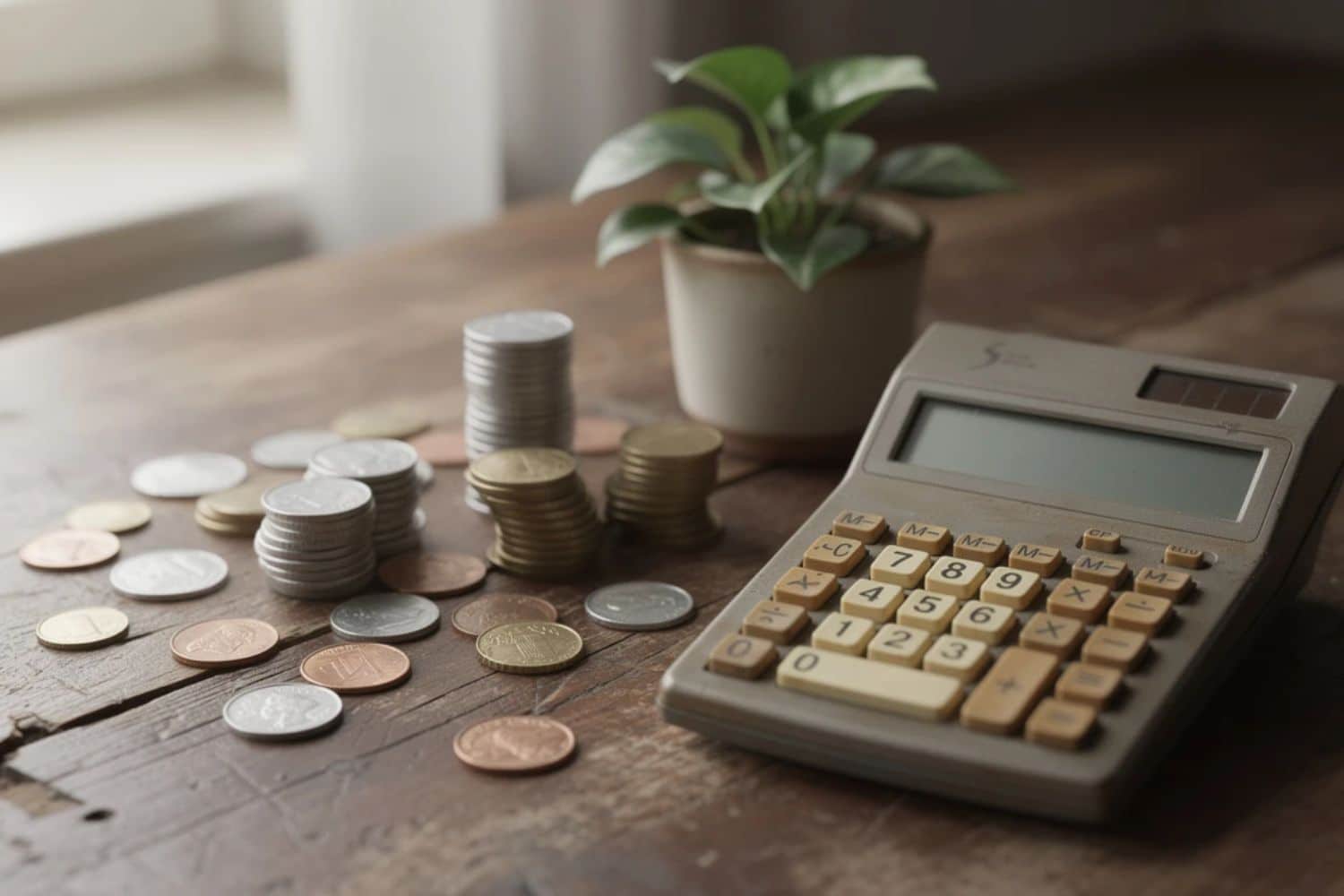 Calculatrice et piles de pièces sur table en bois