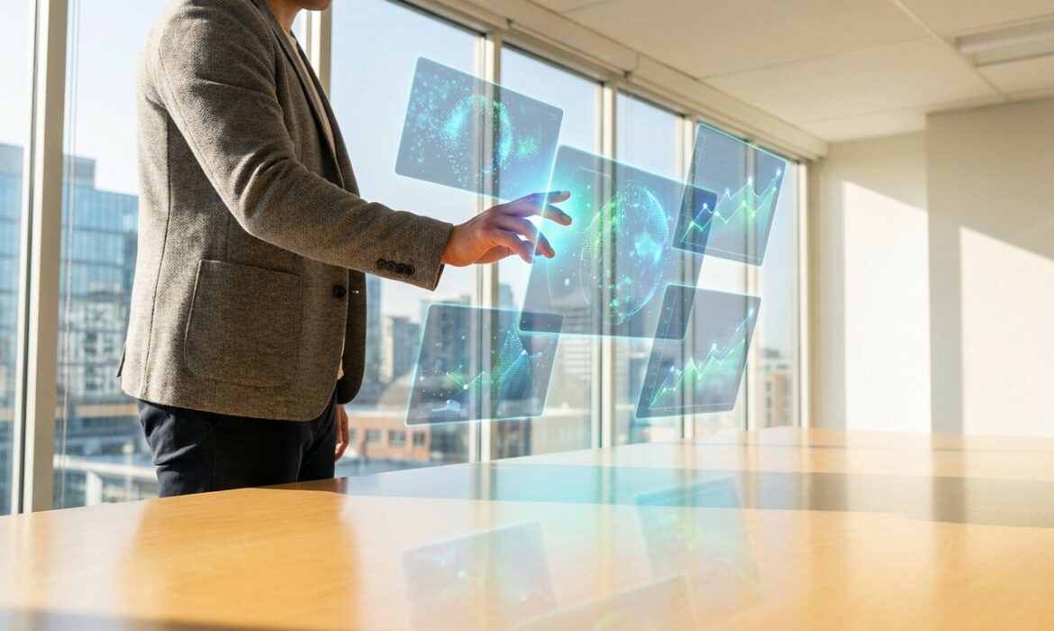 Homme en blazer interagissant avec des écrans holographiques affichant des données et graphiques dans un bureau moderne.