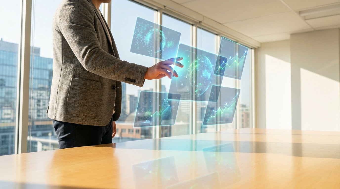 Homme en blazer interagissant avec des écrans holographiques affichant des données et graphiques dans un bureau moderne.