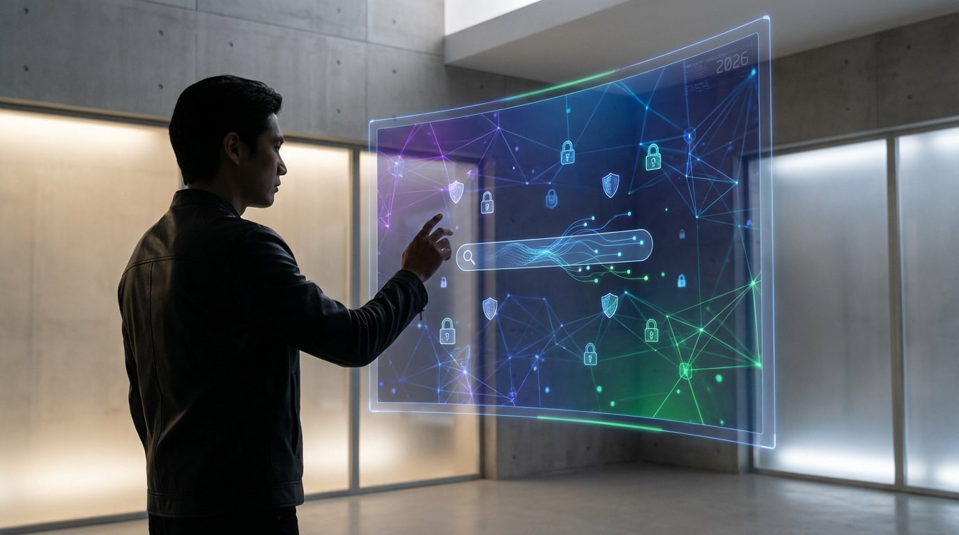 Un homme interagit avec un écran holographique transparent affichant des symboles de cybersécurité (cadenas, boucliers) et un réseau de données. La date 2026 est visible.