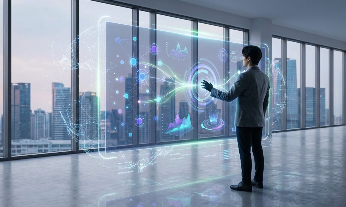 Un homme interagit avec un grand écran holographique affichant des données et graphiques complexes dans un bureau moderne avec vue sur la ville.
