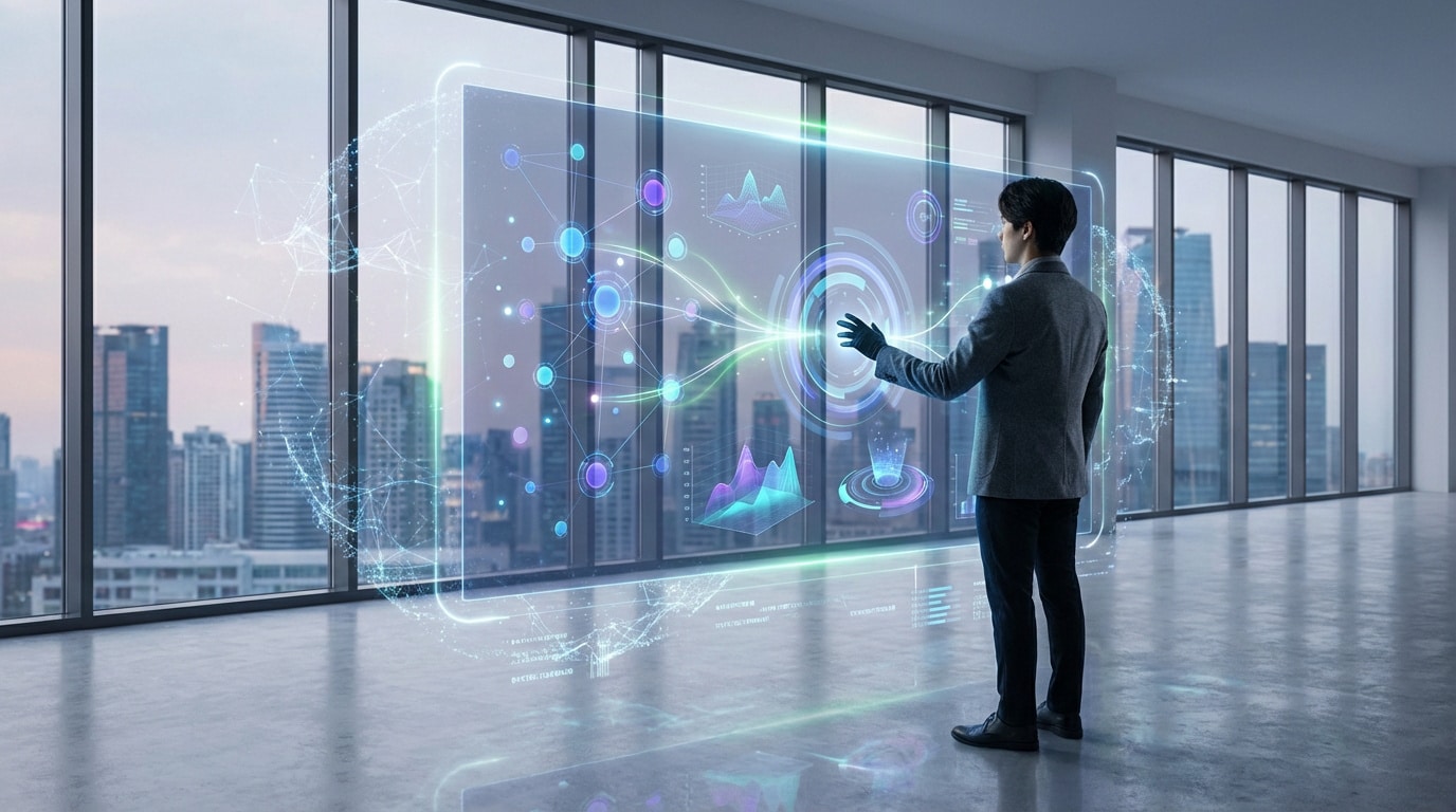 Un homme interagit avec un grand écran holographique affichant des données et graphiques complexes dans un bureau moderne avec vue sur la ville.
