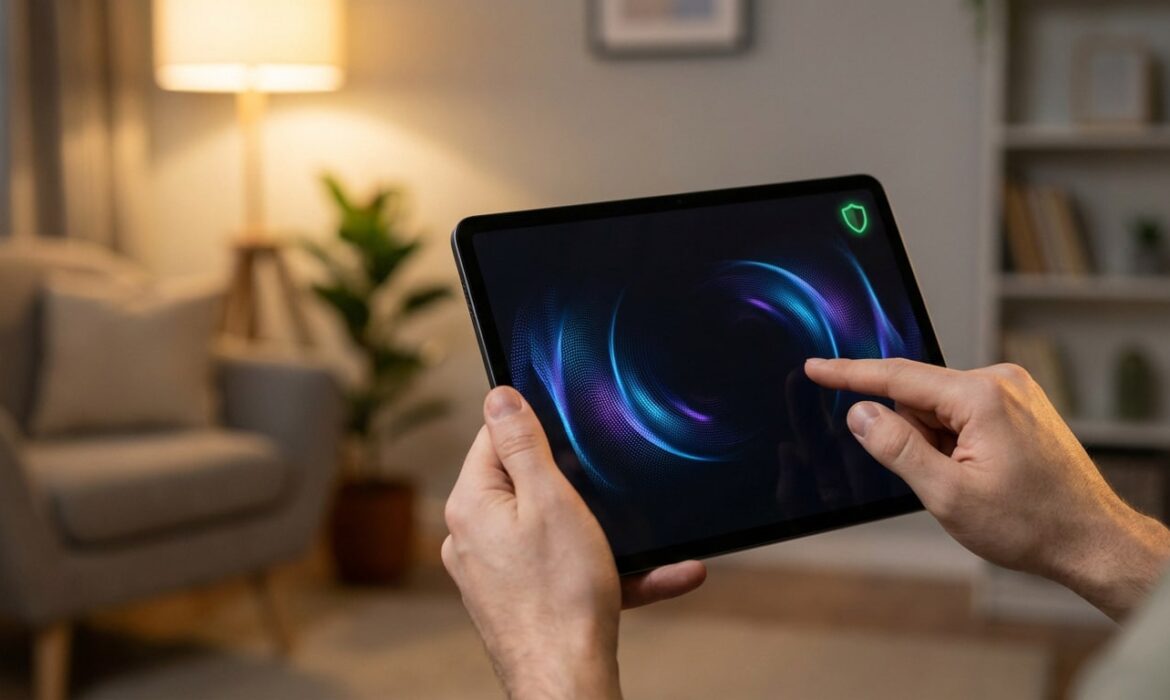 Mains tenant une tablette. L'écran affiche un motif abstrait bleu/violet et une icône de bouclier vert, évoquant la sécurité Sirdov Streaming.