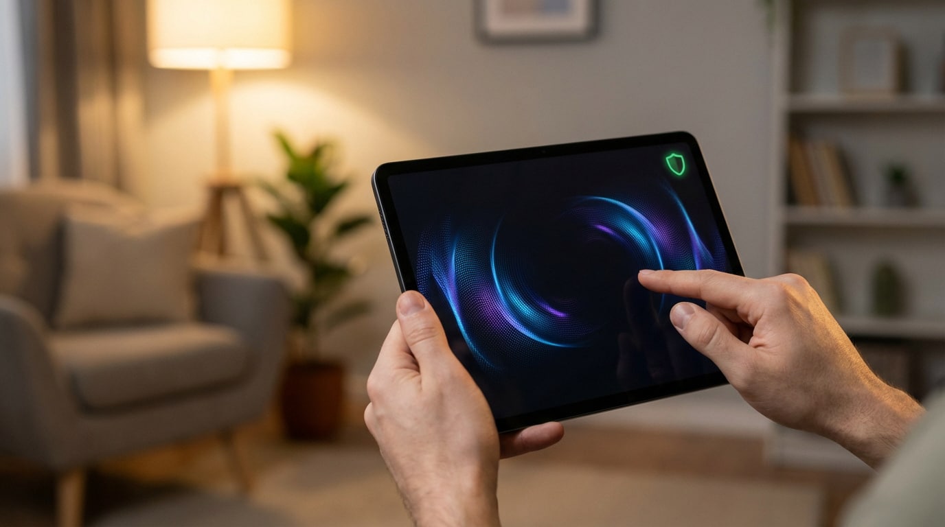 Mains tenant une tablette. L'écran affiche un motif abstrait bleu/violet et une icône de bouclier vert, évoquant la sécurité Sirdov Streaming.