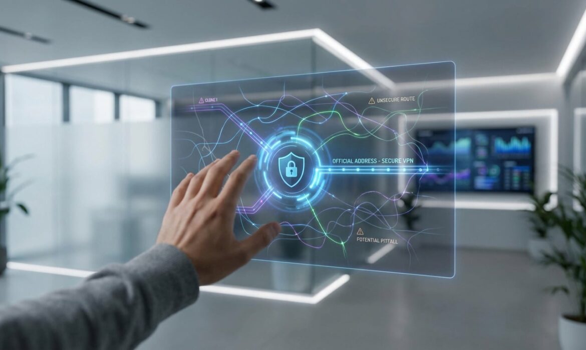 Main interagit avec un écran holographique. Il affiche un bouclier de sécurité VPN, des alertes de clones, routes non sécurisées et pièges.