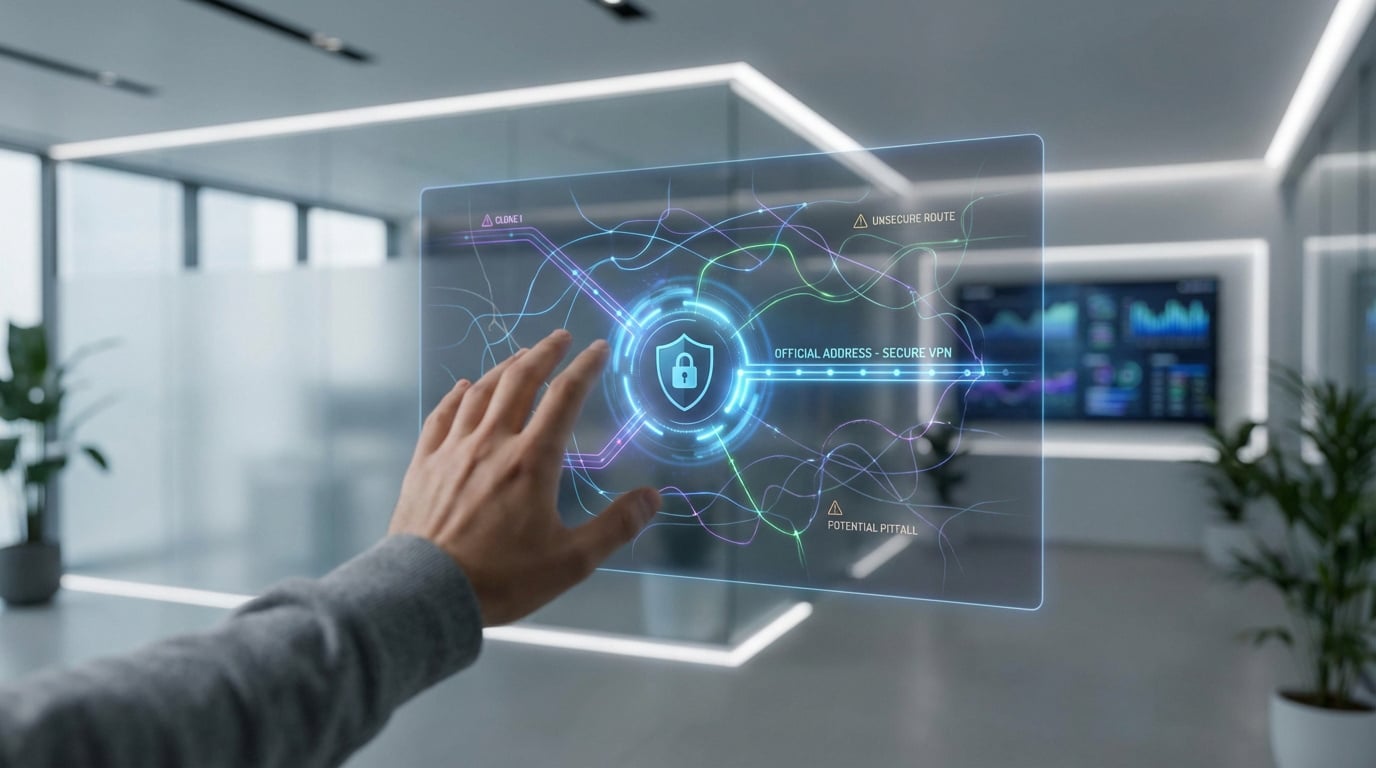 Main interagit avec un écran holographique. Il affiche un bouclier de sécurité VPN, des alertes de clones, routes non sécurisées et pièges.