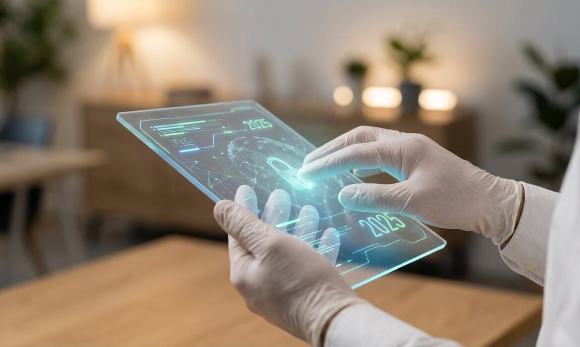 Mains gantées manipulant une tablette transparente affichant un cadenas numérique, un globe et l'année 2025, symbolisant la sécurité future.