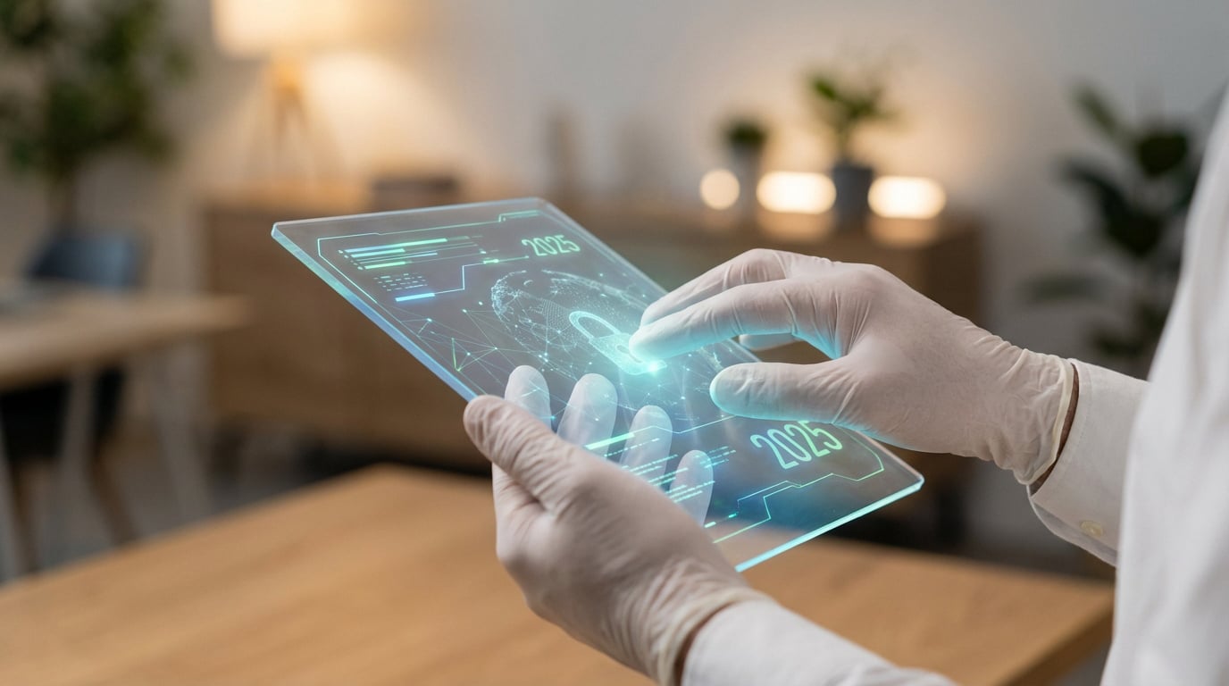 Mains gantées manipulant une tablette transparente affichant un cadenas numérique, un globe et l'année 2025, symbolisant la sécurité future.