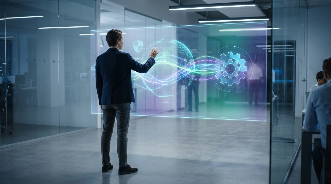 Homme interagissant avec un écran holographique affichant un globe, un bouclier et un engrenage, symboles de gestion et sécurité numérique.