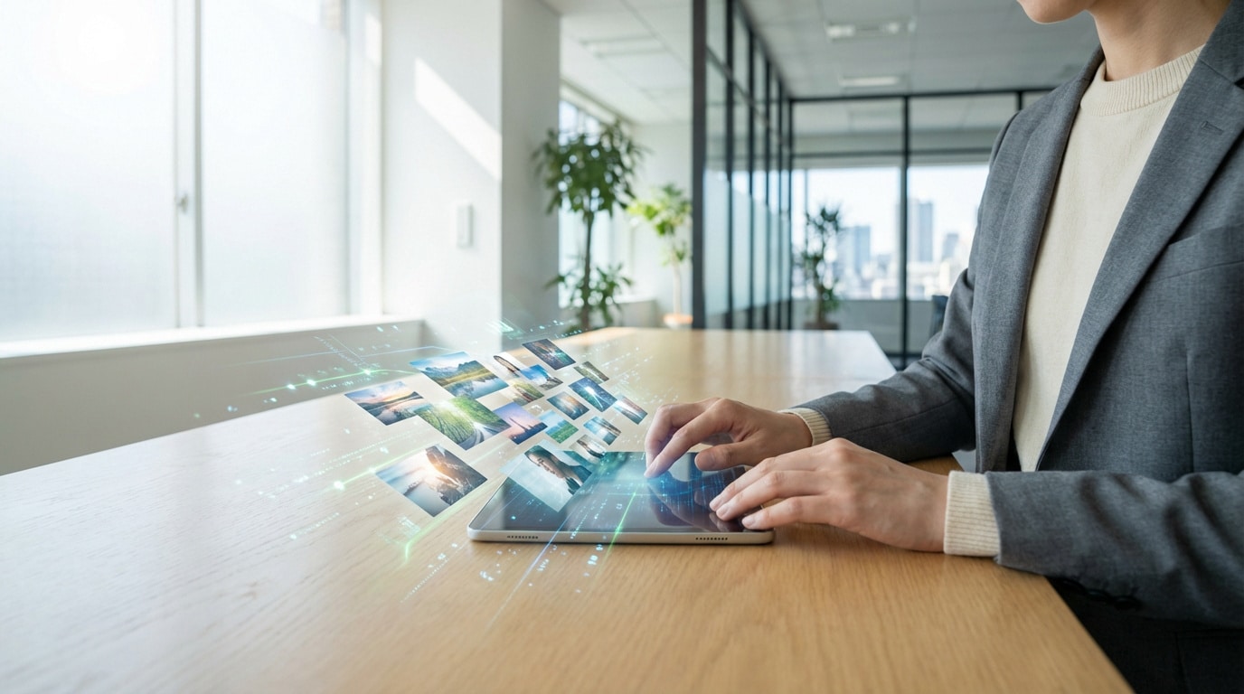 Partage et gestion d'images numériques sur tablette Mains utilisant une tablette pour visualiser et partager une collection d'images numériques, avec des effets technologiques 3D.