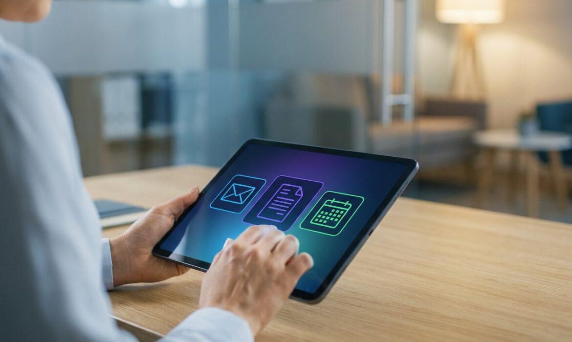 Personne interagissant avec une tablette, montrant des icônes lumineuses (email, document, calendrier) dans un bureau moderne.
