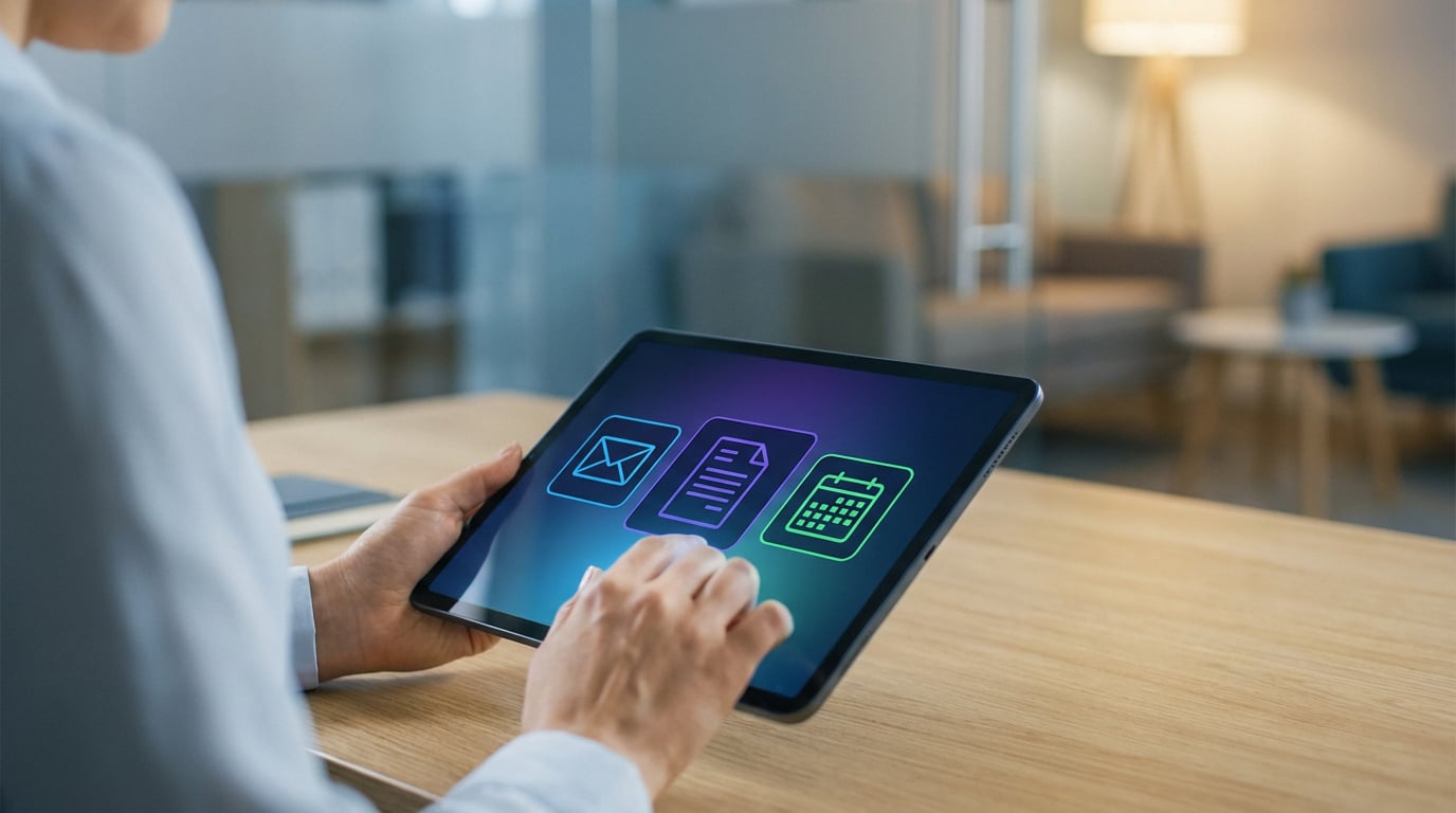 Personne interagissant avec une tablette, montrant des icônes lumineuses (email, document, calendrier) dans un bureau moderne.