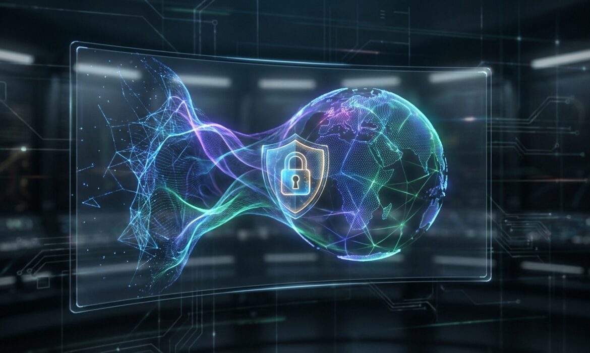 Écran transparent affiche un globe numérique maillé, un bouclier et un cadenas, symbolisant la cybersécurité et la protection des données.