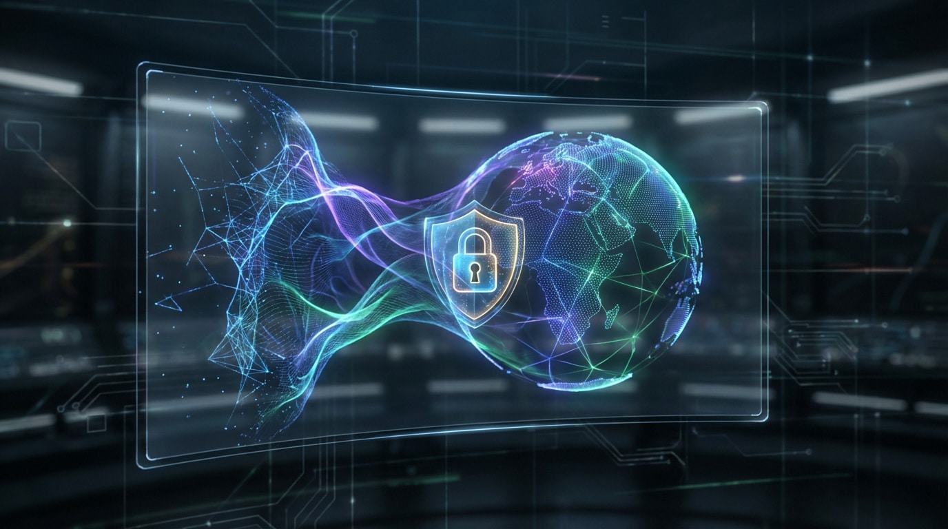Écran transparent affiche un globe numérique maillé, un bouclier et un cadenas, symbolisant la cybersécurité et la protection des données.