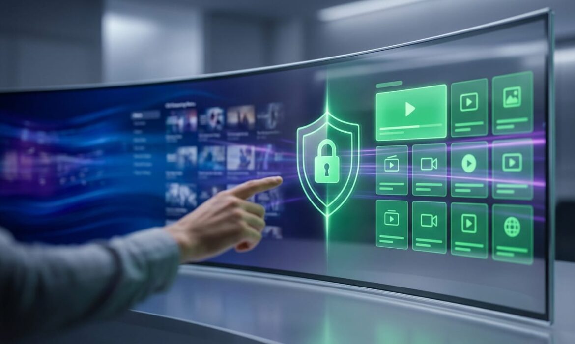 Main pointant un écran incurvé avec un bouclier de sécurité vert et des icônes de contenu numérique. Interface futuriste.