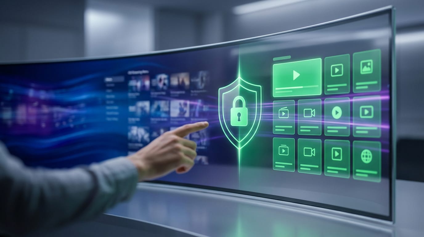 Main pointant un écran incurvé avec un bouclier de sécurité vert et des icônes de contenu numérique. Interface futuriste.